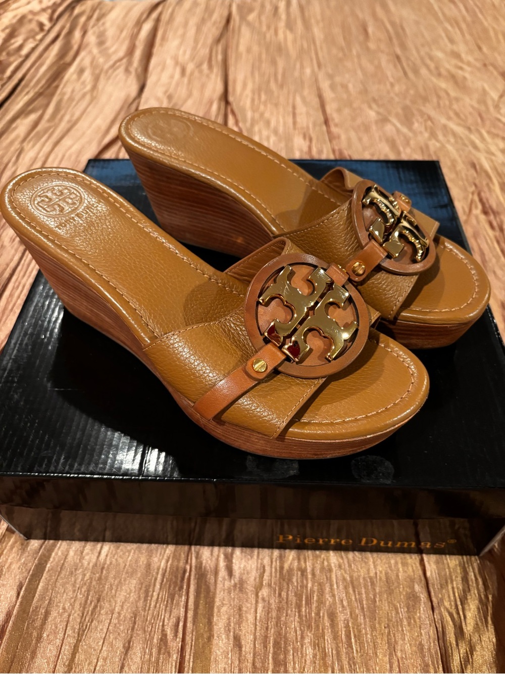 Tory Burch Cognac Leather Logo Wedge Slides